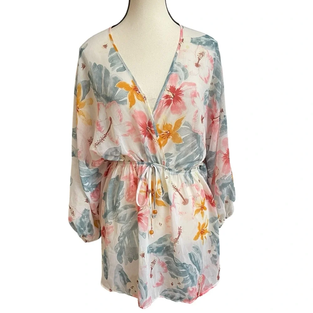 Sweet Rain Floral Chiffon Tunic L Boho Beach Cover-Up V-Neck Drawstring Waist